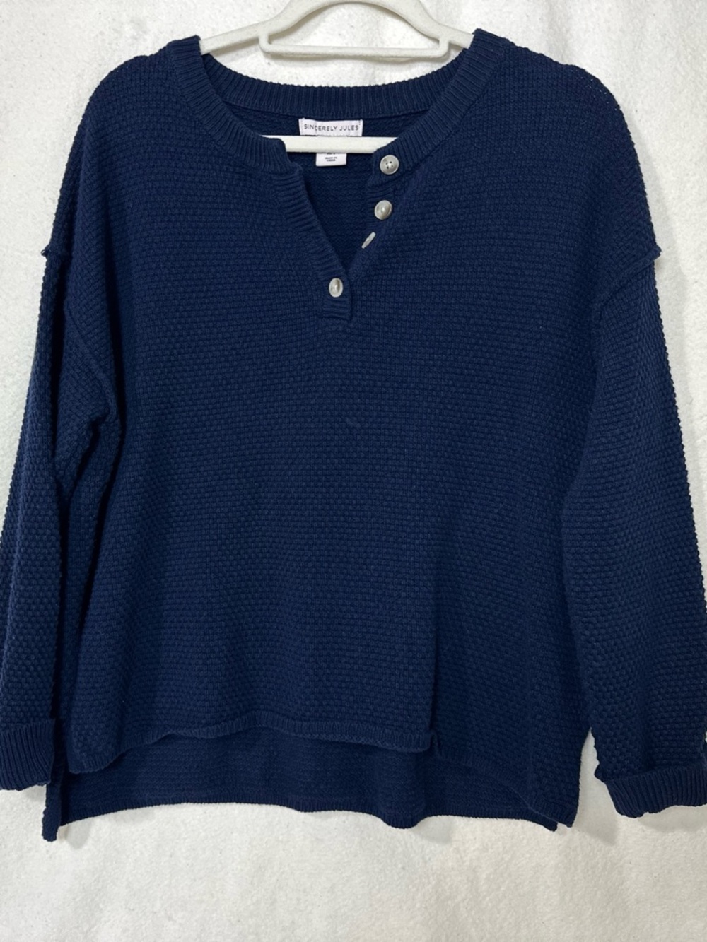 Sincerly Jules Navy Button Henley Waffle Knit Sweater Size Small Casual Preppy